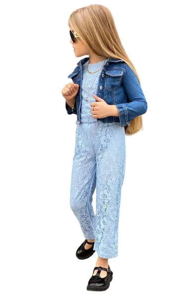 Kız Çocuk Boydan Üzeri Dantel İşlemeli Şeffaf Tül İçi Astarlı Mavi Tulum - Resim 6