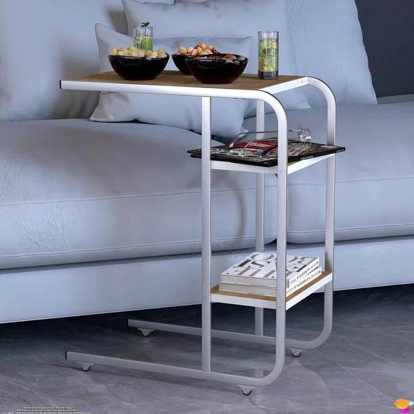 Modilayn C Yan Sehpa Dar Boy Tekerlekli Çalışma, Atıştırmalık, Yemek, Laptop Sehpası Meşe - 2