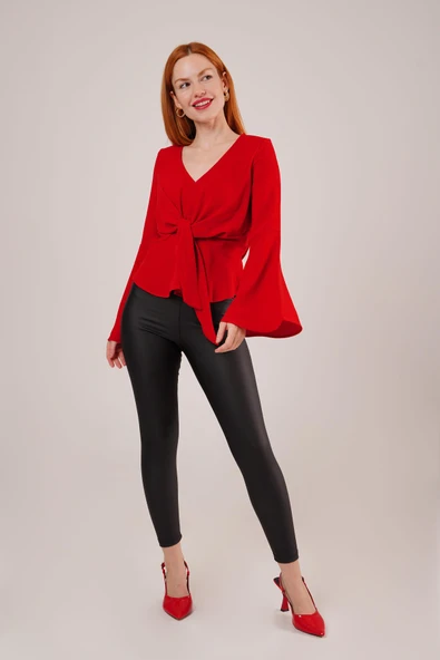Ön Bağlamalı Volan Kol Kırmızı Bluz - Resim 2