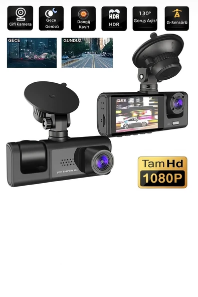 WiFi Destekli 3 Lensli Araç Kamerası  1080P Full HD Gece Görüşü, G Sensör, 360 Kayıt - 3