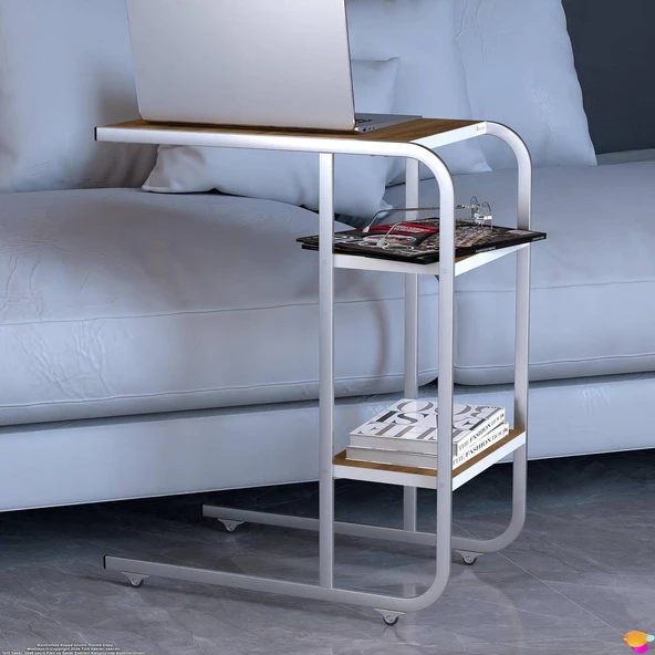 Modilayn C Yan Sehpa Dar Boy Tekerlekli Çalışma, Atıştırmalık, Yemek, Laptop Sehpası Ceviz - 7