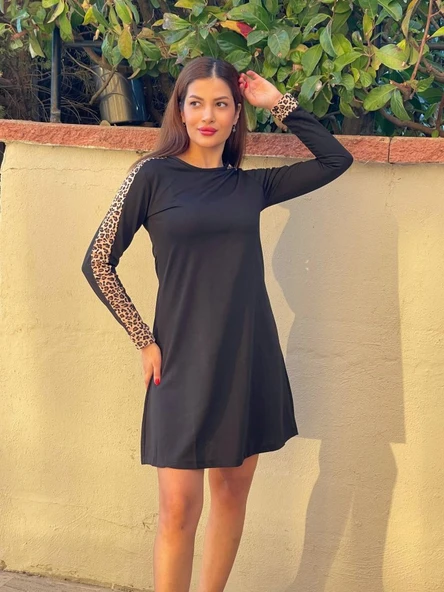 Kadın Uzun Kollu Bisiklet Yaka Kollar Leopar Detay Iki Iplik Mini Boy Elbise ürün görseli