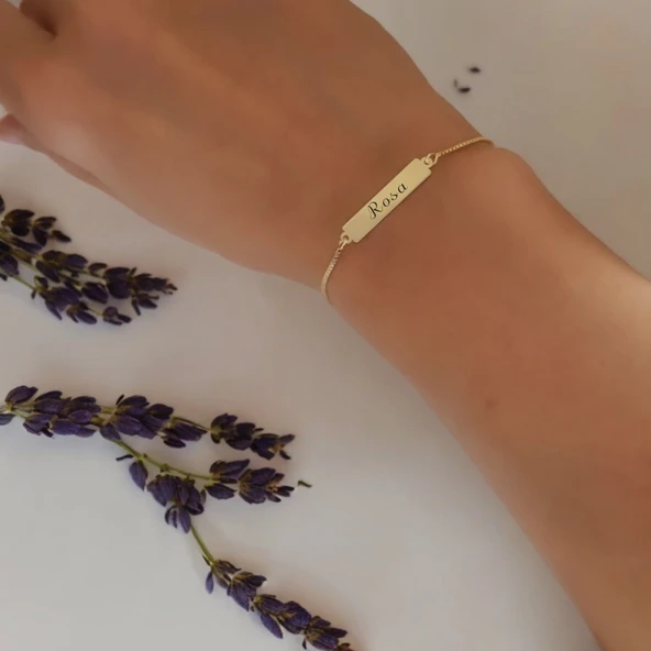 İsme Özel Dikdörtgen Motifli Altın Renkli Zincirli 14 Ayar Altın Plakalı Hediye Bileklik-400 - Resim 2