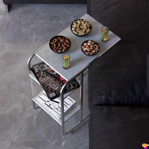 Modilayn C Yan Sehpa Dar Boy Tekerlekli Çalışma, Atıştırmalık, Yemek, Laptop Sehpası Çiçekli Beyaz