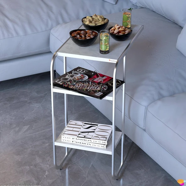 Modilayn C Yan Sehpa Dar Boy Tekerlekli Çalışma, Atıştırmalık, Yemek, Laptop Sehpası Çiçekli Beyaz - 4