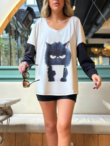 Kadın Uzun Kollu V Yakalı Kedi Baskılı şardonlu Dalgıç Bluz - Resim 2