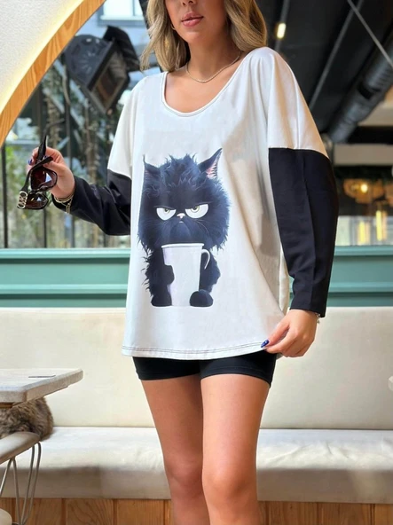 Kadın Uzun Kollu V Yakalı Kedi Baskılı şardonlu Dalgıç Bluz - Resim 6