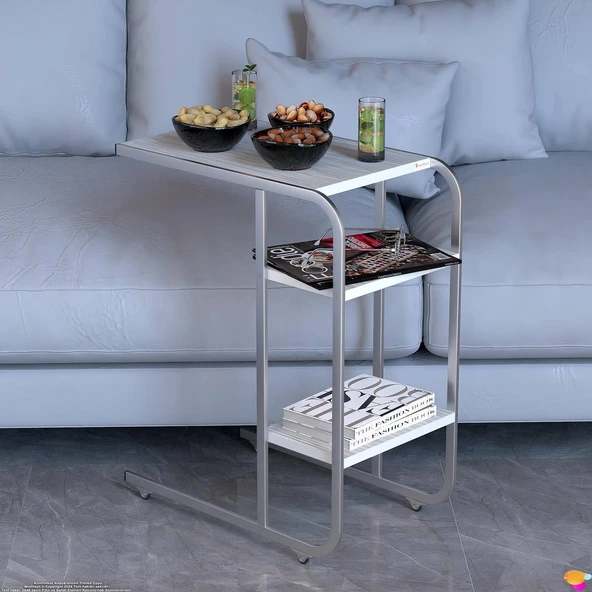 Modilayn C Yan Sehpa Dar Boy Tekerlekli Çalışma, Atıştırmalık, Yemek, Laptop Sehpası Beyaz Çizgili - 5