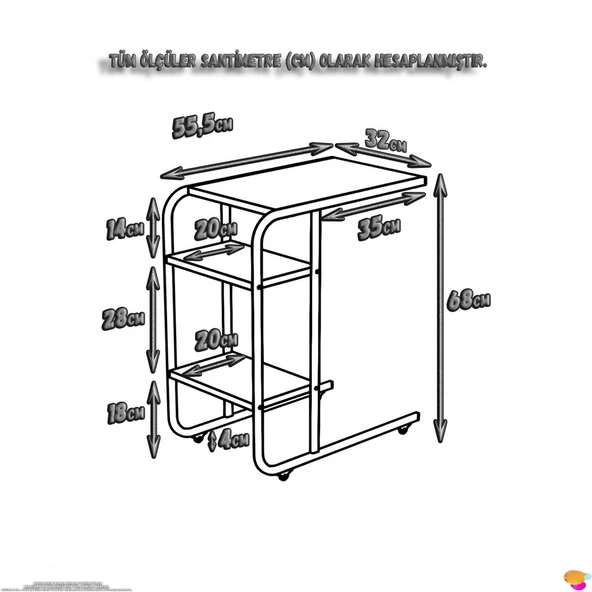 Modilayn C Yan Sehpa Dar Boy Tekerlekli Çalışma, Atıştırmalık, Yemek, Laptop Sehpası Çiçekli Beyaz - 8