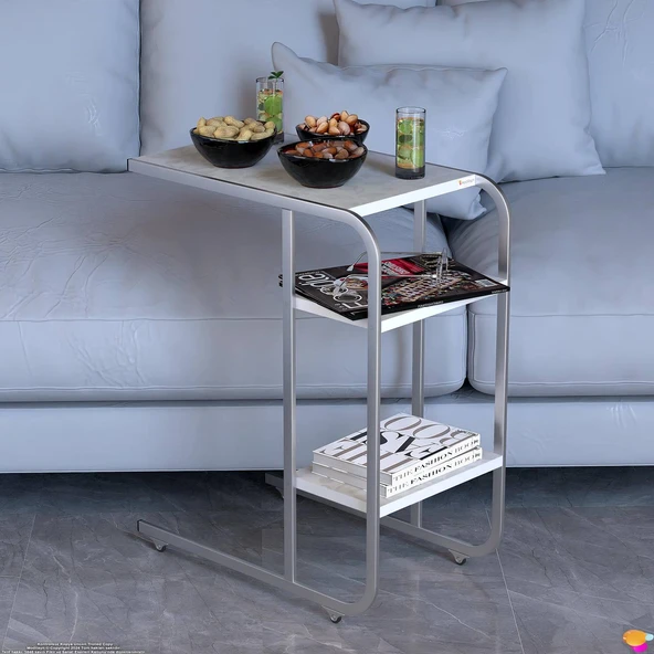 Modilayn C Yan Sehpa Dar Boy Tekerlekli Çalışma, Atıştırmalık, Yemek, Laptop Sehpası Çiçekli Beyaz - 7