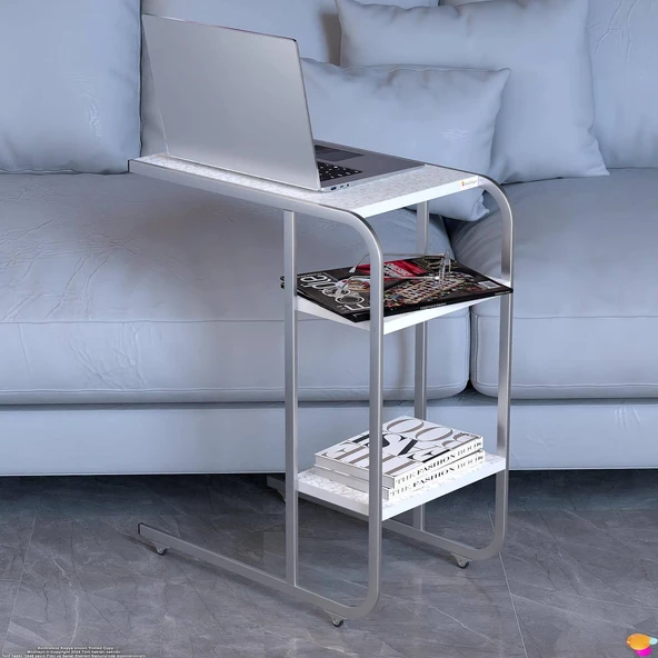 Modilayn C Yan Sehpa Dar Boy Tekerlekli Çalışma, Atıştırmalık, Yemek, Laptop Sehpası Beyaz Desenli - 3