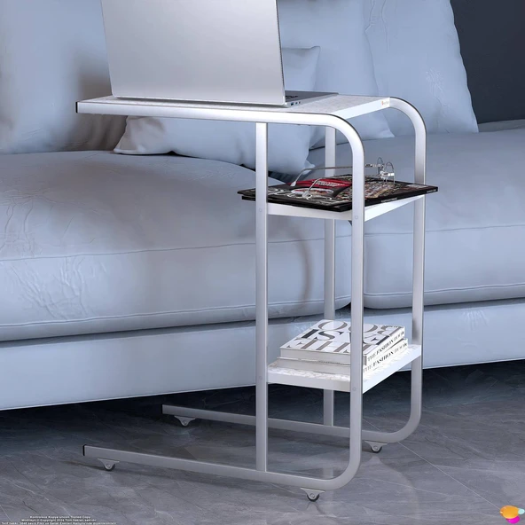 Modilayn C Yan Sehpa Dar Boy Tekerlekli Çalışma, Atıştırmalık, Yemek, Laptop Sehpası Beyaz Desenli - 2