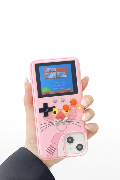 ÜSKÜDAR İLETİŞİM 168 Oyunlu Retro Konsol Tasarımlı iPhone 15 Pro Max   Kılıfı  Pembe Panter Desenli - Resim 3