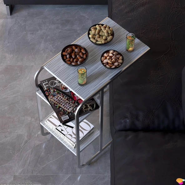 Modilayn C Yan Sehpa Dar Boy Tekerlekli Çalışma, Atıştırmalık, Yemek, Laptop Sehpası Beyaz Çizgili