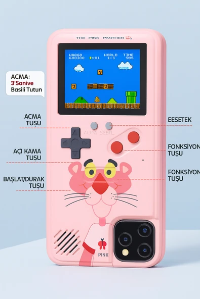 ÜSKÜDAR İLETİŞİM 168 Oyunlu Retro Konsol Tasarımlı iPhone 15 Pro Max   Kılıfı  Pembe Panter Desenli - Resim 4