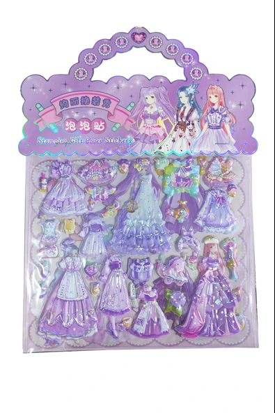 Sticker Kabartmalı Çantalı iki Sayfalı Sticker Seti (HQK014) - 21x17 cm- Lila Kız Giydirme - 2