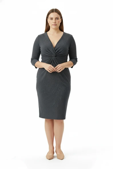 Önü Büzgülü Simli Midi Elbise Ekol