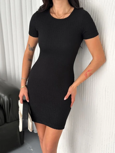 Bisiklet Yaka Kısa Kol Likralı Elbise - Siyah - Resim 2