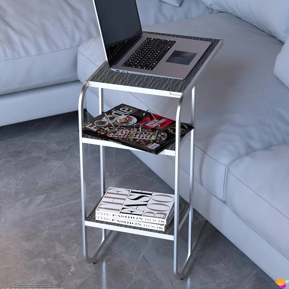 Modilayn C Yan Sehpa Dar Boy Tekerlekli Çalışma, Atıştırmalık, Yemek, Laptop Sehpası Siyah Çizgili - 6