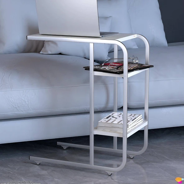 Modilayn C Yan Sehpa Dar Boy Tekerlekli Çalışma, Atıştırmalık, Yemek, Laptop Sehpası Çiçekli Beyaz - 5