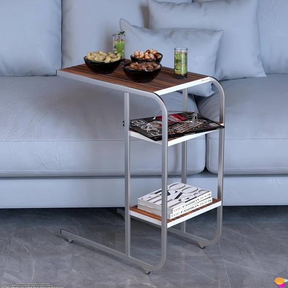 Modilayn C Yan Sehpa Dar Boy Tekerlekli Çalışma, Atıştırmalık, Yemek, Laptop Sehpası Abanoz - 6