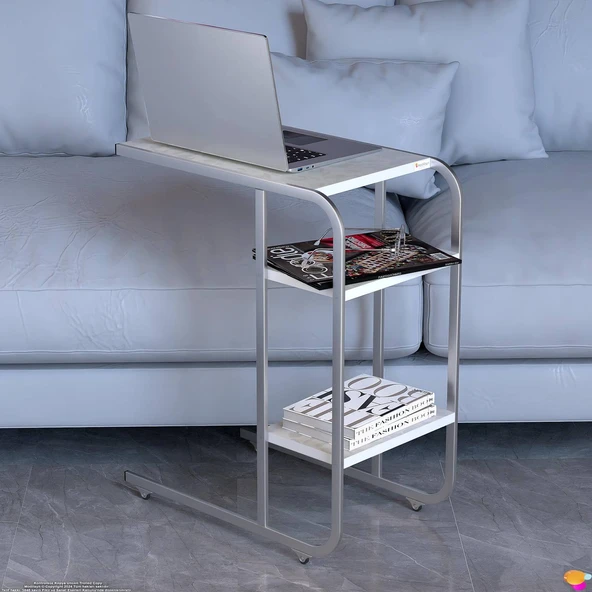 Modilayn C Yan Sehpa Dar Boy Tekerlekli Çalışma, Atıştırmalık, Yemek, Laptop Sehpası Çiçekli Beyaz - 6