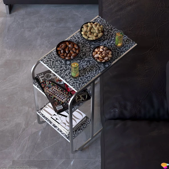 Modilayn C Yan Sehpa Dar Boy Tekerlekli Çalışma, Atıştırmalık, Yemek, Laptop Sehpası Siyah Desenli