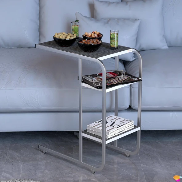 Modilayn C Yan Sehpa Dar Boy Tekerlekli Çalışma, Atıştırmalık, Yemek, Laptop Sehpası Siyah Çizgili - 7