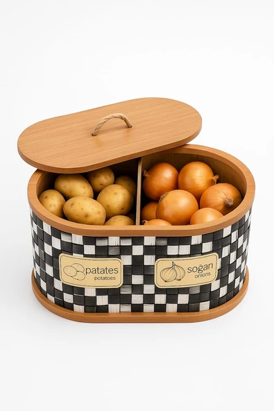 Dekorasyaa 2 Bölmeli Patates Soğanlık - Bambu - Oval Dama Desen - 3