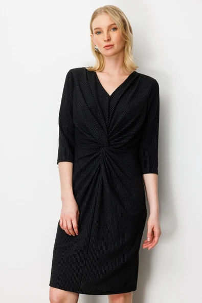 Önü Büzgülü Simli Midi Elbise Ekol