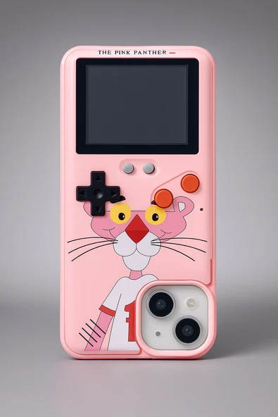 ÜSKÜDAR İLETİŞİM 168 Oyunlu Retro Konsol Tasarımlı iPhone 15 Pro Max   Kılıfı  Pembe Panter Desenli - Resim 5