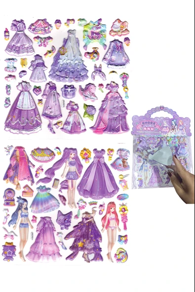 Sticker Kabartmalı Çantalı iki Sayfalı Sticker Seti (HQK014) - 21x17 cm- Lila Kız Giydirme