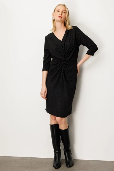 Önü Büzgülü Simli Midi Elbise Ekol - 2