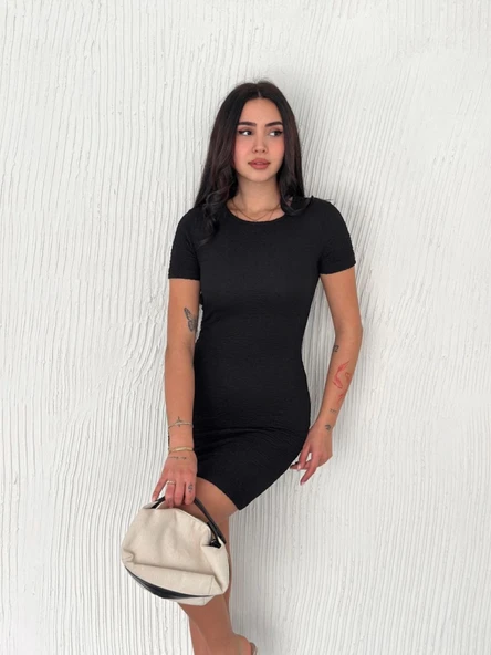 Bisiklet Yaka Kısa Kol Likralı Elbise - Siyah - Resim 4