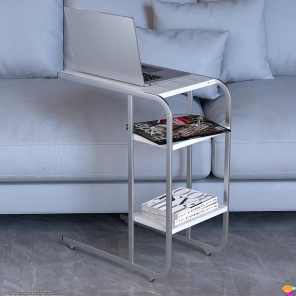 Modilayn C Yan Sehpa Dar Boy Tekerlekli Çalışma, Atıştırmalık, Yemek, Laptop Sehpası Beyaz Çizgili - 2