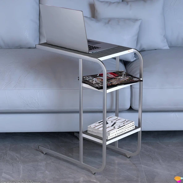 Modilayn C Yan Sehpa Dar Boy Tekerlekli Çalışma, Atıştırmalık, Yemek, Laptop Sehpası Siyah Çizgili - 3