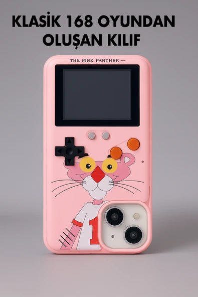ÜSKÜDAR İLETİŞİM 168 Oyunlu Retro Konsol Tasarımlı iPhone 15 Pro Max   Kılıfı  Pembe Panter Desenli ürün görseli 1