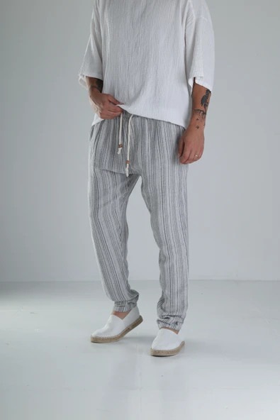 Gri Çizgili Müslin Keten Baggy Pantolon - 3