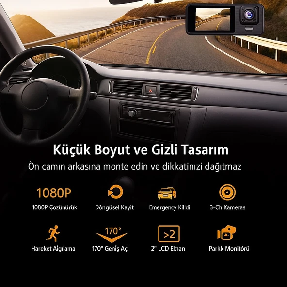 3 Kanallı WiFi Destekli Araç İçi Kamera  Ön 1080P, İç ve Arka 720P, Gece Görüşlü, Geniş Açılı, Park Monitörü - 6