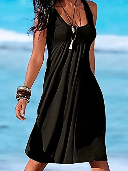 Kadın Sıfır Kol Göğüs Altı Pileli Viskon Elbise ürün görseli