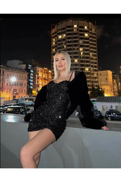 MY DEPO Kadın Askılı Göğüs Gloplu Pul Payetli Mini Elbise - 4
