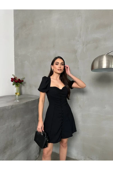 MY DEPO Düğme Detaylı Kol Büzgülü Mini Elbise - 1