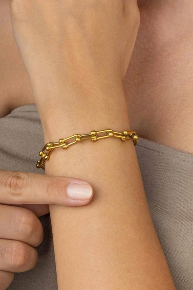 Gümüş Pazarım Altın Kaplama Ataç Top Uçlu Zincir Model Kadın Çelik Bileklik - Resim 3