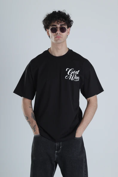 God Wins Siyah Oversize Tasarım T-Shirt - 1