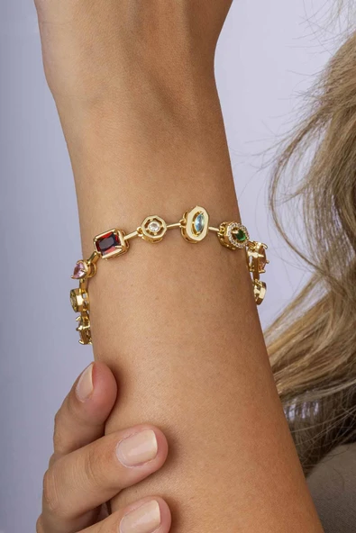 Gümüş Pazarım Altın Kaplama Sıralı Renkli Taş Kadın Çelik Bileklik - 2