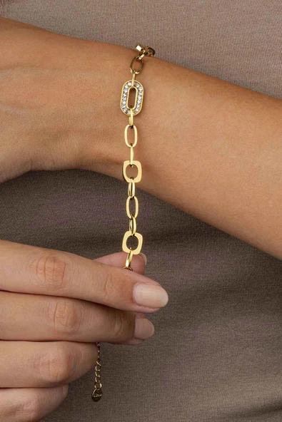 Gümüş Pazarım Altın Kaplama Ara Taşlı Zincir Model Kadın Çelik Bileklik - Resim 2