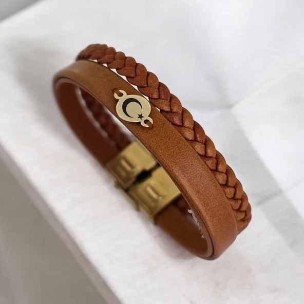 Sembole Özel Doğal Kahverengi Derili 14 Ayar Altın Plakalı Yuvarlak Motifli Hediye Bileklik-401 - Resim 2