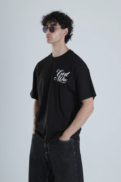 God Wins Siyah Oversize Tasarım T-Shirt - 3