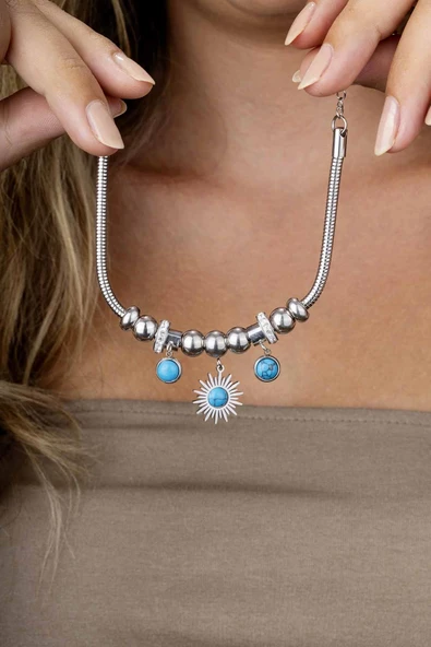 Gümüş Pazarım Firuze Taşlı Beyaz Altın Kaplama Güneş Figürlü Kadın Charm Bileklik - Resim 3