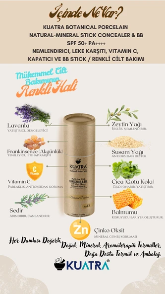 Kuatra Botanical Porcelain Natural-Mineral Stick Concealer & BB | SPF 50+ PA++++ | Çok Amaçlı Nemlendirici, Leke Karşıtı, Vitamin C, Renkli Bakım - 3